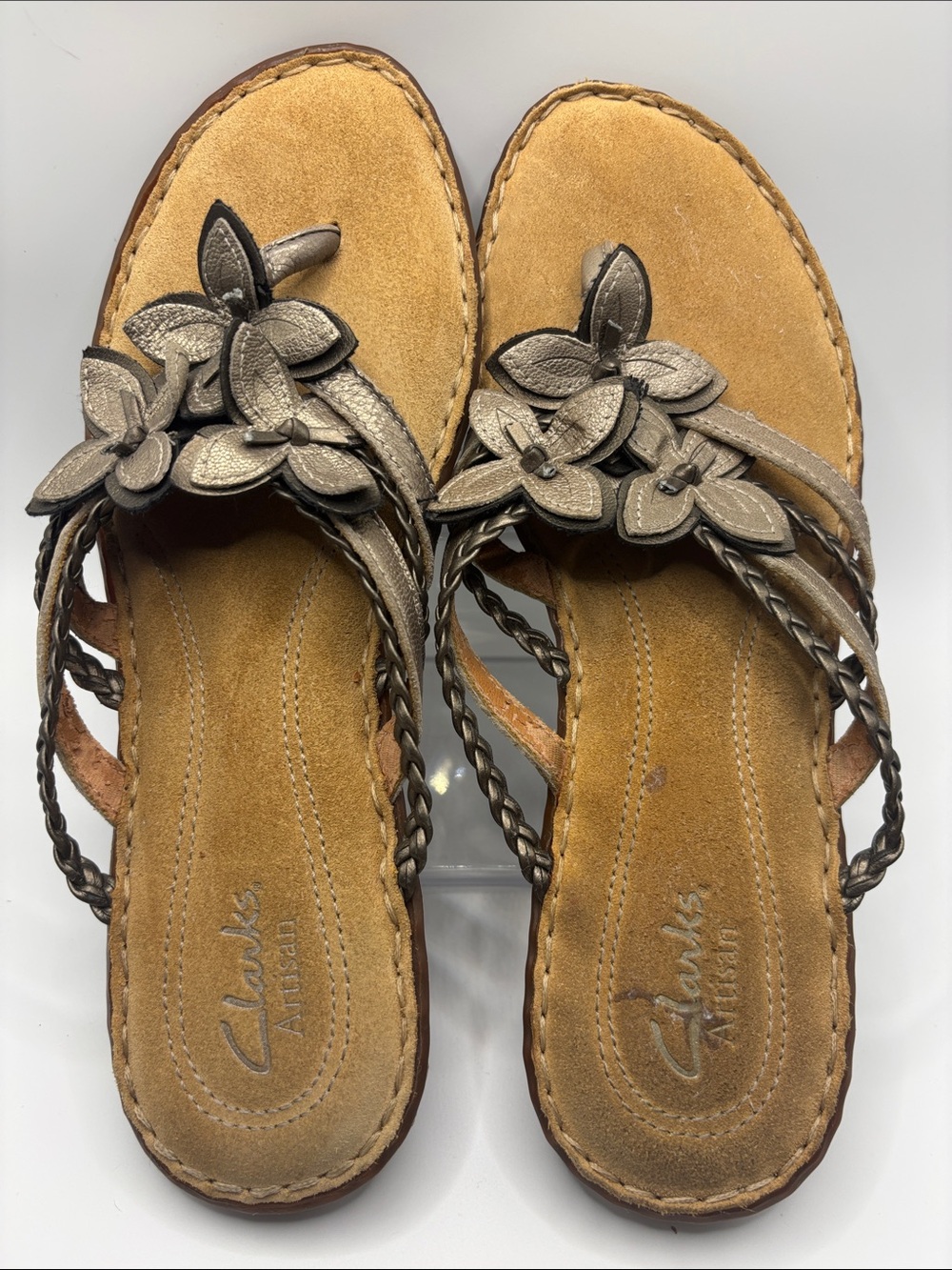 Clarks Women's Tan Footbed Sandals with Metallic Bronze Floral Accents